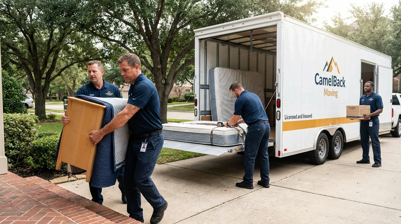 Crew loading residential truck for cross-state move from Hollis, OK