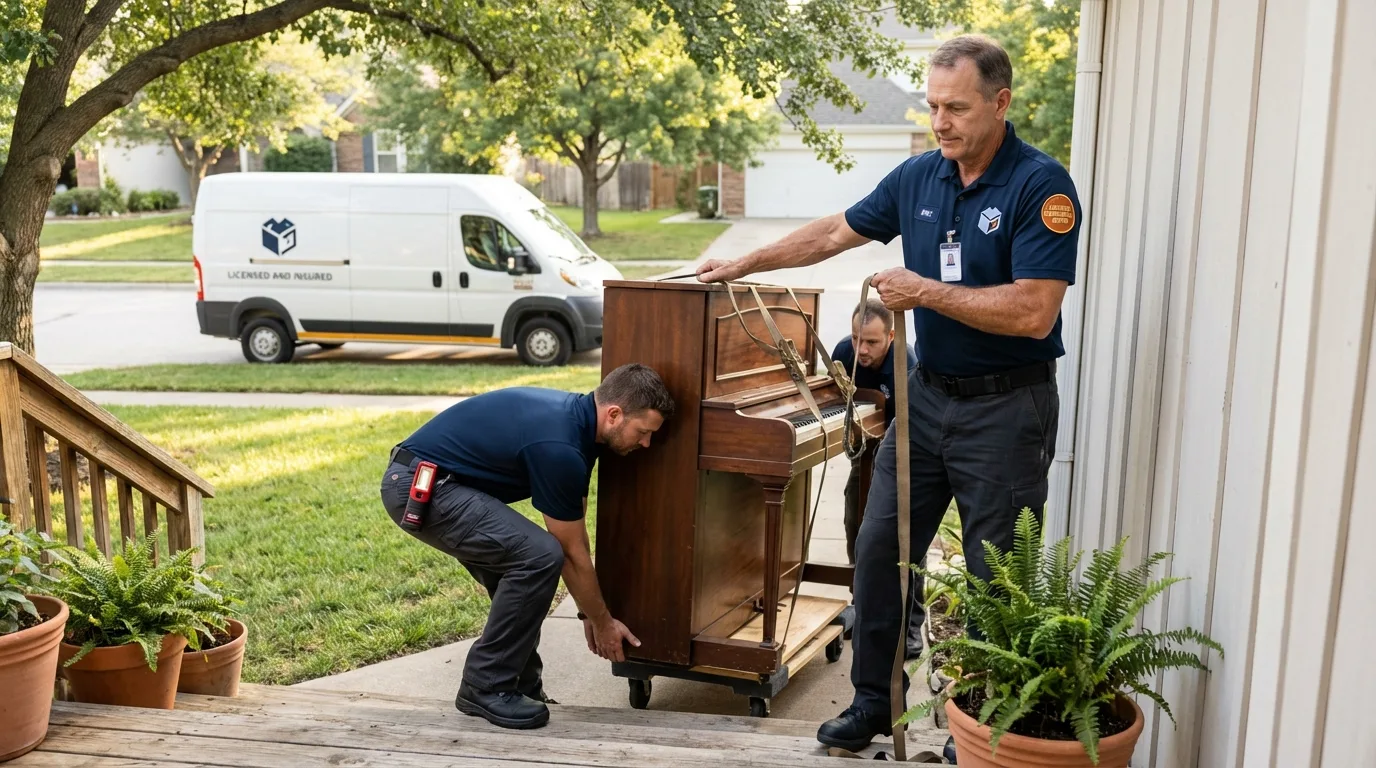 Licensed piano movers securing grand piano in Hollis, OK