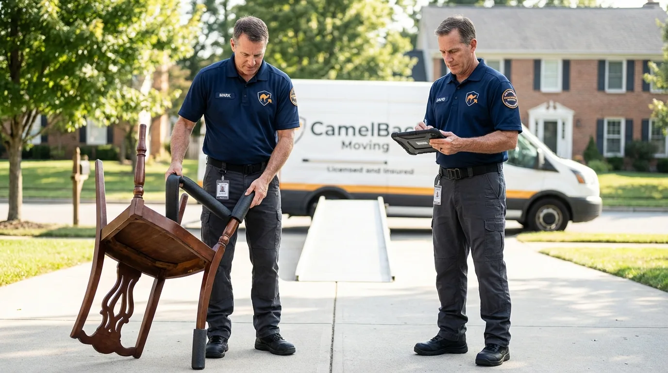 Movers inspecting furniture for damage prevention before loading in Hollis, OK