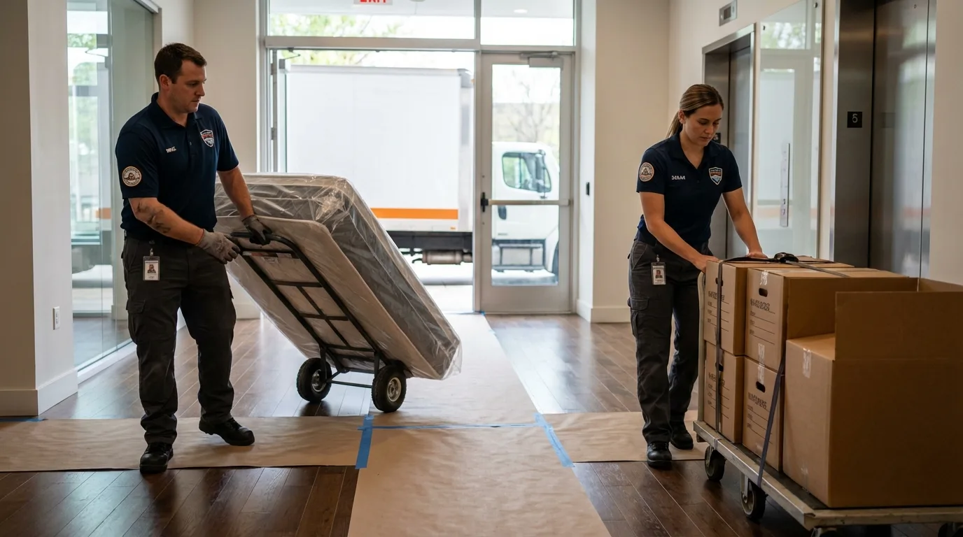 Professional apartment movers loading elevator in Hollis, OK
