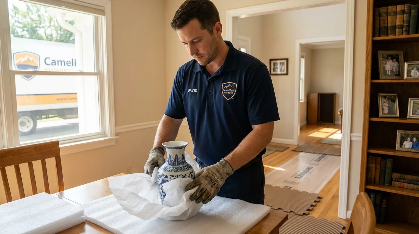 Professional crew carefully wrapping antique vase for senior downsizing move in Hollis, OK